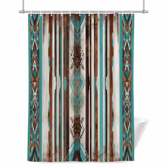 Ethnic Tribal Diamond Shower Curtain, Boho Abstract Teal Brown Stripes Diamond Waterproof Shower Curtain Set with 12 Hooks Lightweight Bath Curtains Fabric Bathroom Decor 36x72 Inches