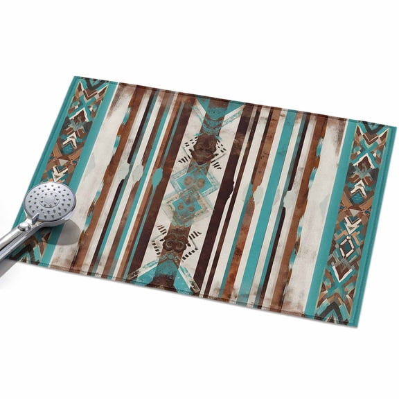 Ethnic Tribal Diamond Washable Area Rug 2 x 3 ft Boho Abstract Teal Brown Stripes Diamond, Soft Non Slip Rugs Stain Repellent Indoor Felt Carpet for Living Dining Room Bedroom Home Office