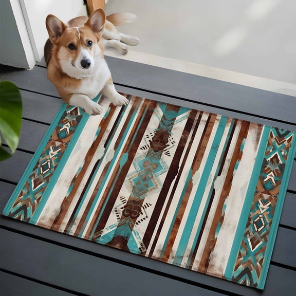 Ethnic Tribal Diamond Washable Entry Rug 2x3 Boho Abstract Teal Brown Stripes Diamond Low Pile Indoor Door Mat with Rubber Backing Thin Area Rug for for Entrance, Bedroom, Kitchen, Laundry, Bathroom