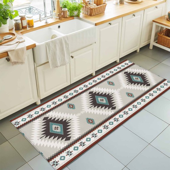 Ethnic Tribal Geometric Pattern Rectangle Area Rug 2x6ft,Living Room Rug Non-Slip Washable Circle Rugs Pad,Aztec Boho Native Texture Soft Floor Carpet for Bedroom Dining Room