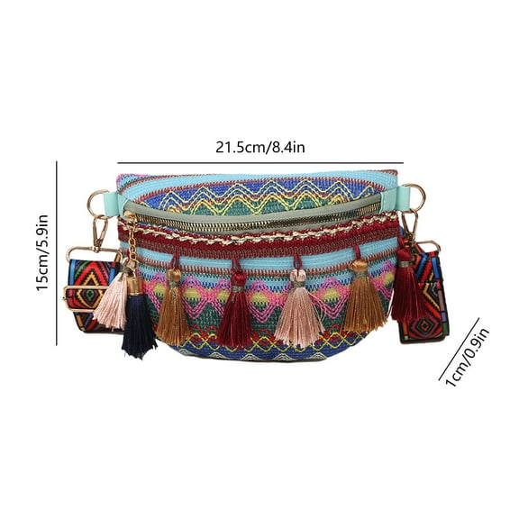 Ethnic Tribal Print Fringe Woven Shoulder Bag 8.4x6.2in | Lightweight Crossbody Chest Purse for Women | Adjustable Waist Pack Outdoor/Travel (0.33lb)​