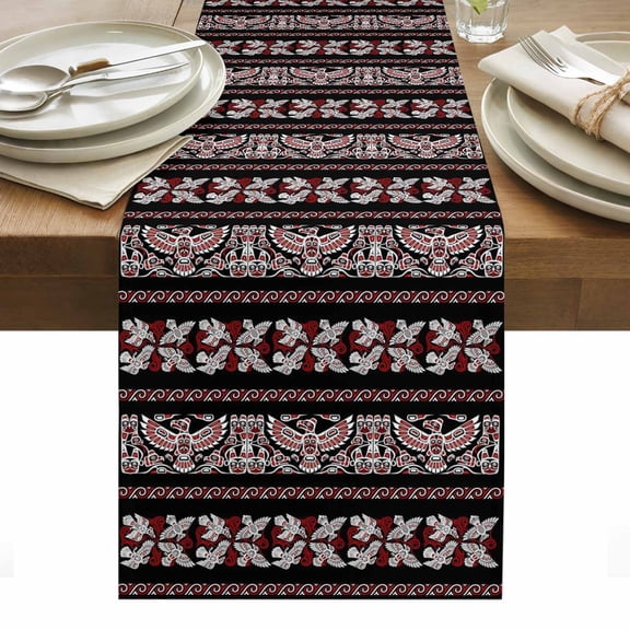 Ethnic Tribal Style Cotton Linen Table Runner Bird Geometric Boho Red Black Rustic Dining Table Runners for Home Decor Party Dining Room Restaurant Kitchen Party 13" x 36"