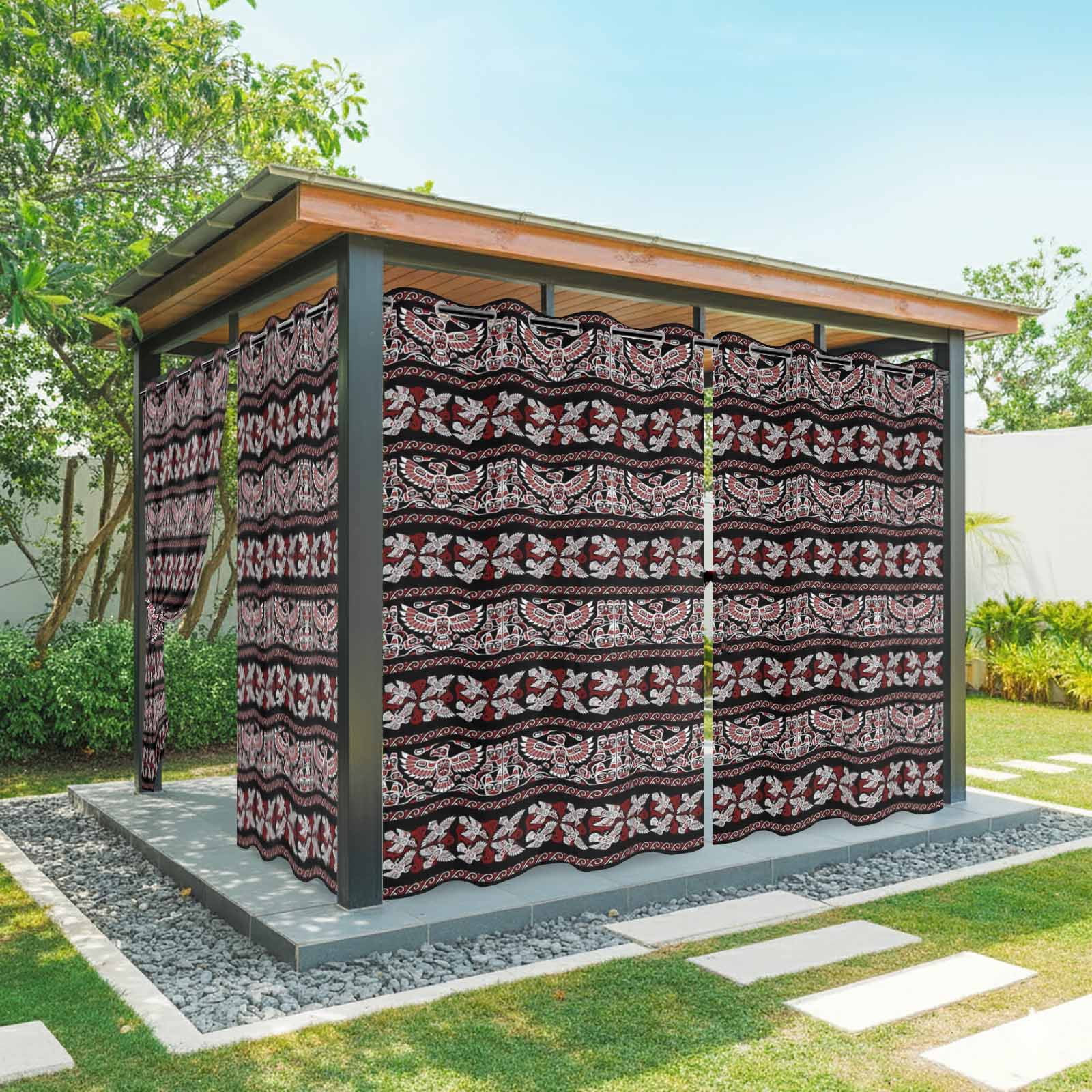 Ethnic Tribal Style Outdoor Curtains for Patio, Bird Geometric Boho Red Black Rustic Sunshade Privacy Drapes Grommet Waterproof Outside Curtains for Porch/Cabana/Balcony 54"x 108", 1 Panel