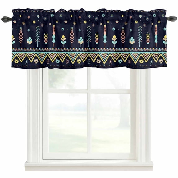 Ethnic Tribal Style Window Valance Curtain Aztec Floral Plant Blue Rod Pocket Short Curtain for Living Room, Bedroom & Kitchen Window Decor 54x18in
