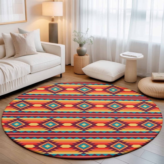 Ethnic Tribal Texture Orange Teal Round Rug 5ft Native Geometric Art Washable Area Rugs for Living Room Bedroom Entryway Non Slip Entrance Door Mat Indoor Floor Carpet