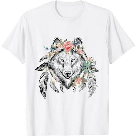 Ethnic Tribal Wolf Head Boho Feather Native American Hippie T-Shirt