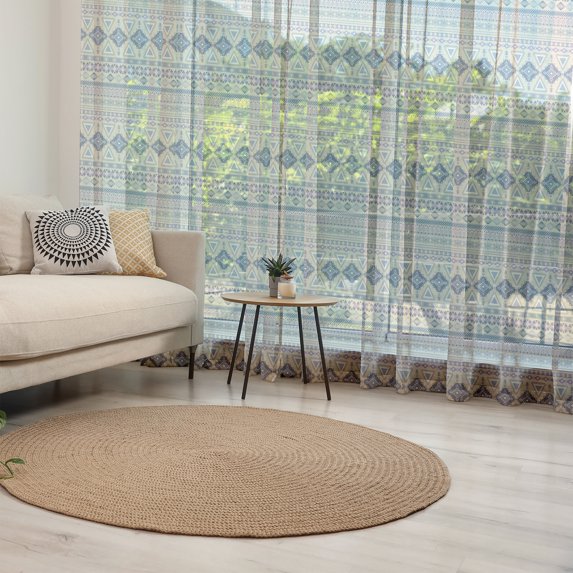 Ethnic Tulle Curtains with Rod Pocket, Antique Detailed Borders National Cultural Ornament Pattern, Sheer Drape for Wedding Party 2 Panels, 7 Sizes, Eggshell and Blue, by Ambesonne