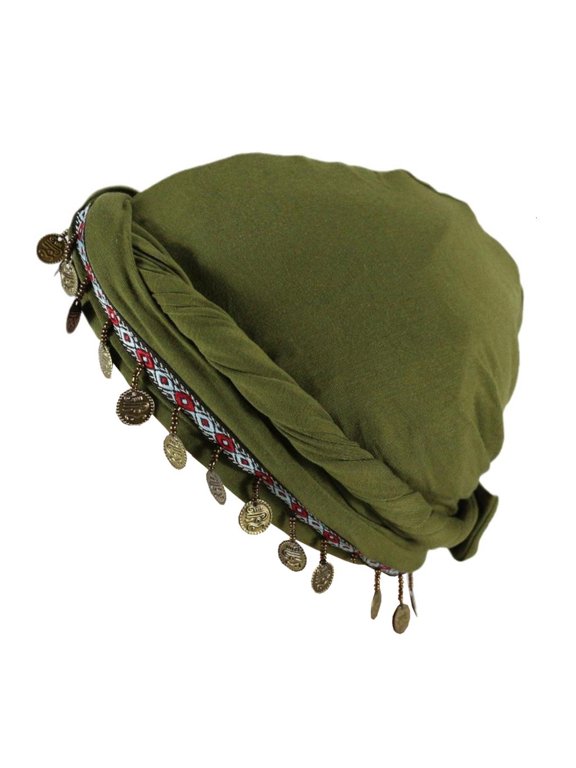 Ethnic Turban Hat for Women Coin Trim Hat Outdoor Twist Tail Hat Women Bandanas Pullover Hat Fashion Sports Hat