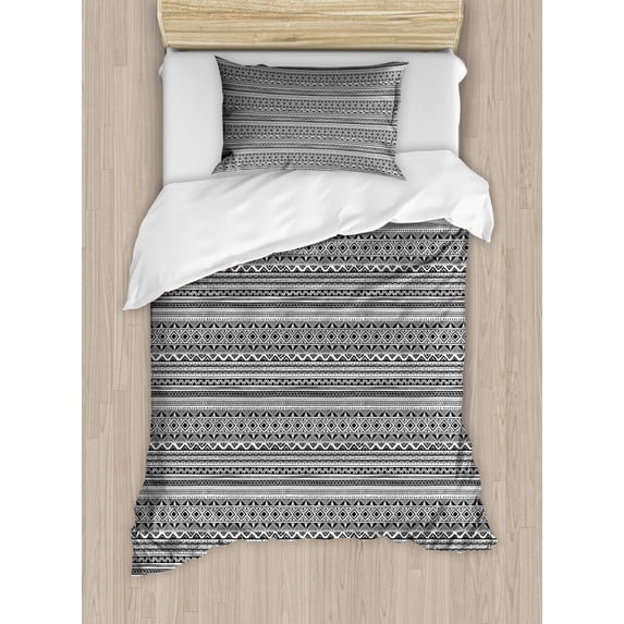 Ethnic Twin Size Duvet Cover Set, Black and White Geometric Ornament Hand Drawn Style Folk Native Peruvian Borders, Decorative 2 Piece Bedding Set with 1 Pillow Sham, Black White, by Ambesonne
