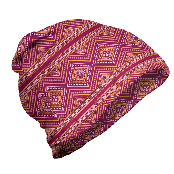 Ethnic Unisex Beanie, Geometrical Bi-color Folk, Hiking Outdoors, Dark Magenta Marigold, by Ambesonne