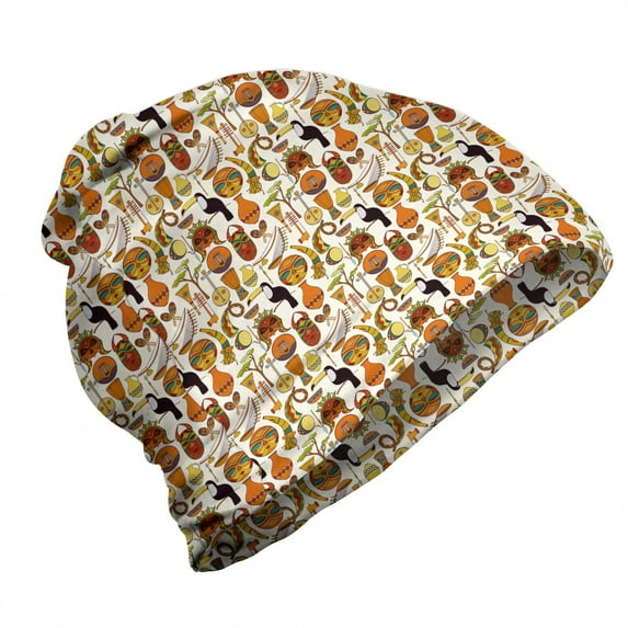 Ethnic Unisex Beanie, Toucans and Cultural Items, Hiking Outdoors, Multicolor, by Ambesonne