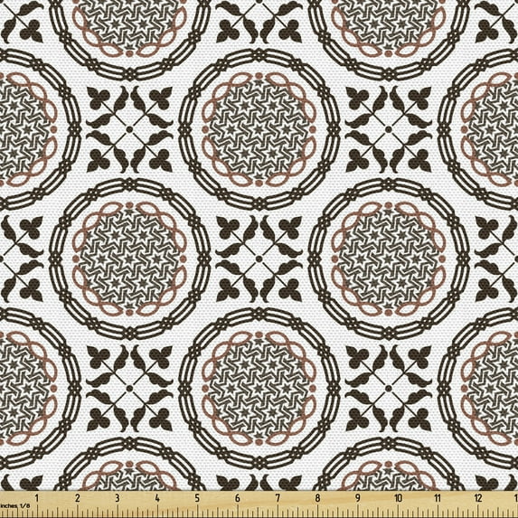 Ambesonne Ethnic Fabric by the Yard Upholstery, Geometric and Orient Motifs, 5 Yards, White Redwood Brown