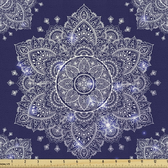 Ethnic Upholstery Fabric by the Yard, Floral Ornament Round Mandala Paisley Inspired Retro Style, Decorative Fabric for DIY and Home Accents, Lavender Blue Indigo by Ambesonne