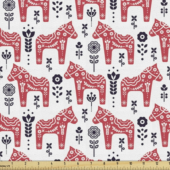 Ethnic Upholstery Fabric by the Yard, Folk Inspired Swedish Dala Horse with Floral Ornaments Folklore Art, Decorative Fabric for DIY and Home Accents, 3 Yards, Dark Coral Indigo by Ambesonne