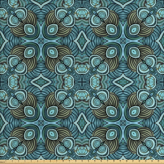 Ambesonne Ethnic Fabric by the Yard Upholstery, Aqua Color Palette Hippie, 2 Yards, Multicolor