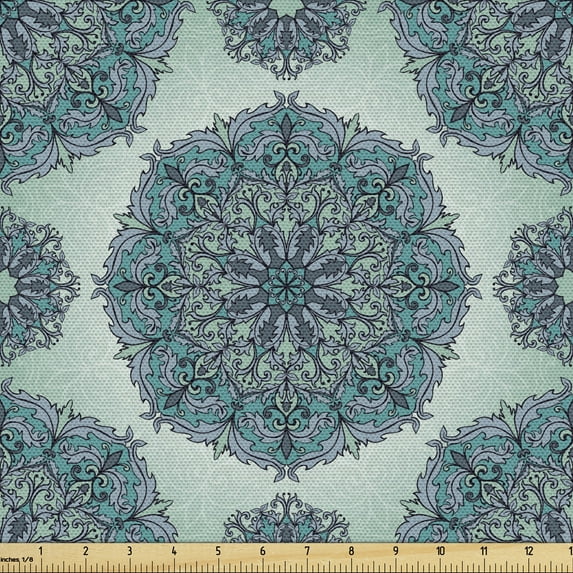 Ambesonne Ethnic Fabric by the Yard Upholstery, Jumble Medallion, 1 Yard, Slate Blue Pale Blue
