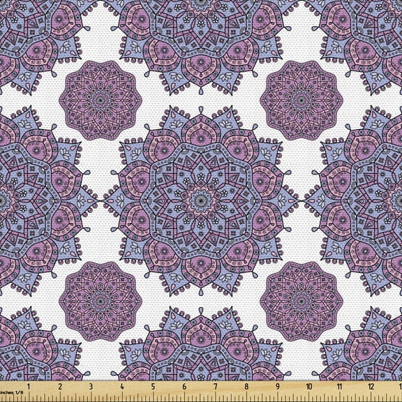 Ambesonne Ethnic Fabric by the Yard Upholstery, Round Mandala Like Motifs, 2 Yards, Pale Mauve Taupe
