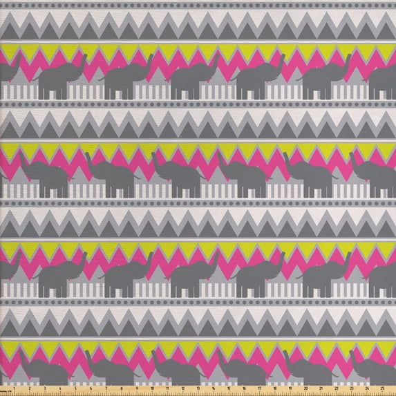 Ambesonne Ethnic Fabric by the Yard Upholstery, Geometrical, 2 Yards, Grey Pink Yellow