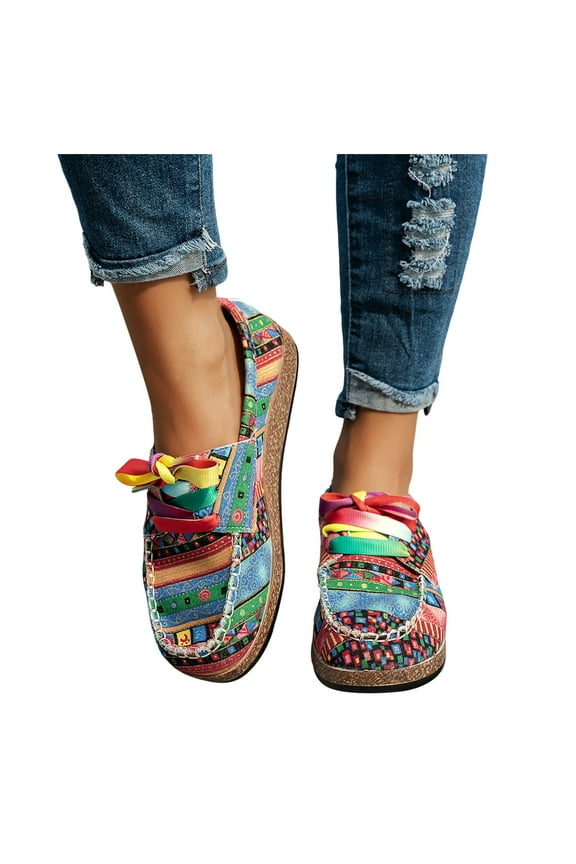 Ethnic Vintage Fashion Sneakers for Women Casual Platform Wedge Beach Wide Walking Penny Loafers Denim Canvas Flats Shoes