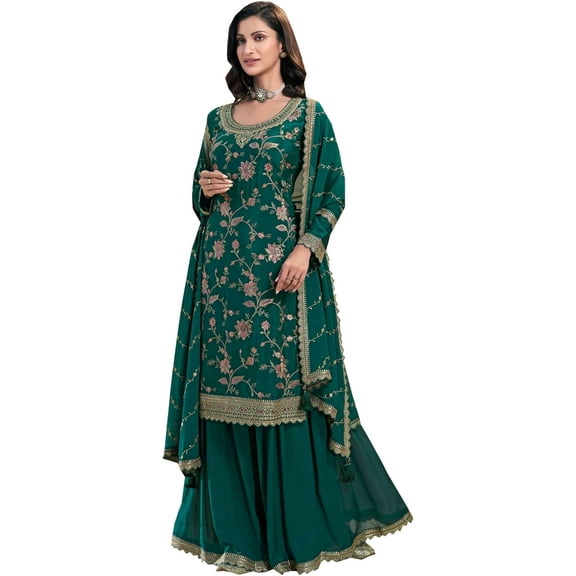 Ethnic Wear Indian Sharara Plazzo Dresses Pakistani Ethnic Shalwar Kameez Suits for Women ( Green, XL - 44 )