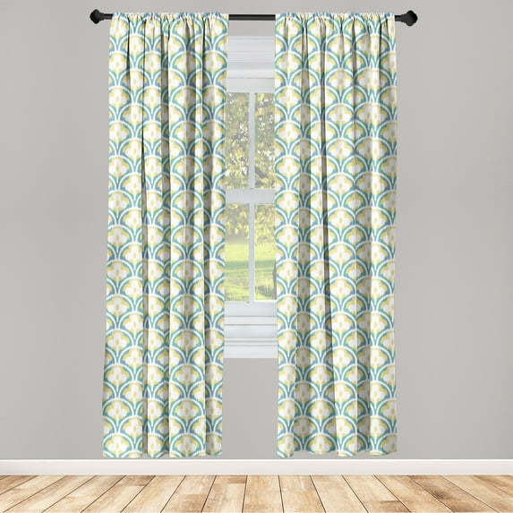 Ethnic Window Curtains, Ikat Inspired Pattern Geometric Flourishing Floral Scale Motif Art Print, Lightweight Decor 2-Panel Set with Rod Pocket, Pair of - 28"x84", Mustard Blue Turquoise, by Ambesonne