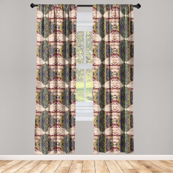 Ethnic Window Curtains, Psychedelic Style Tribal Artwork With Abstract Curve Pattern Print, Lightweight Decor 2-Panel Set with Rod Pocket, Pair of - 28"x84", Eggshell Maroon and Indigo, by Ambesonne