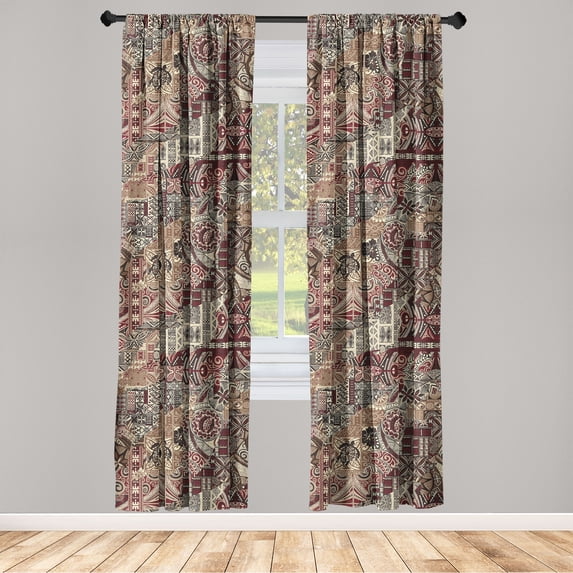 Ethnic Window Curtains, Traditional Artwork of Bohemian Style Blooms Jumble Southern Pattern Print, Lightweight Decor 2-Panel Set with Rod Pocket, Pair of - 28"x95", Dark Rust Eggshell, by Ambesonne