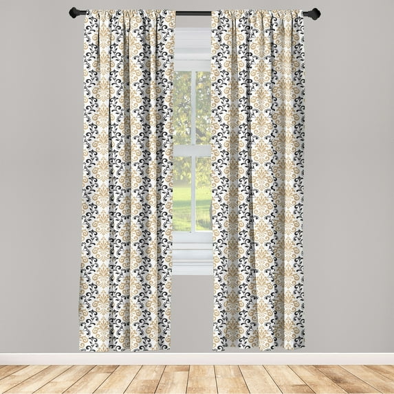 Ethnic Window Curtains, Traditional Style Boho Damask Rococo Vibe Swirling Blossoms Victorian Pattern, Lightweight Decor 2-Panel Set with Rod Pocket, Pair of - 28"x63", Camel Black Ivory, by Ambesonne