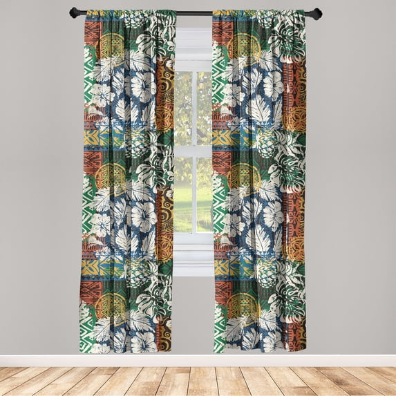 Ethnic Window Curtains, Traditional Vibe Floral Sketch Pattern on Oriental Drawn Backdrop, Lightweight Decor 2-Panel Set with Rod Pocket, Pair of - 28"x95", Marigold Ivory and Fern Green, by Ambesonne