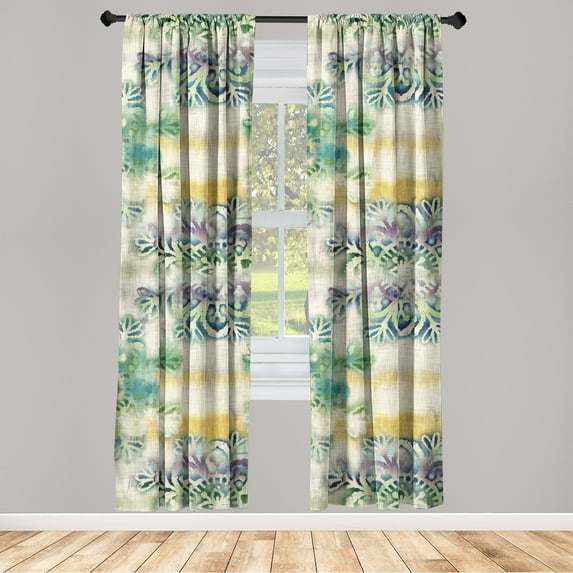 Ethnic Window Curtains, Watercolor Folk Floral Ornament Tie Dye Look on Creamy Neutral Backdrop, Lightweight Decor 2-Panel Set with Rod Pocket, Pair of - 28"x63", Jade Green Plum Mustard, by Ambesonne