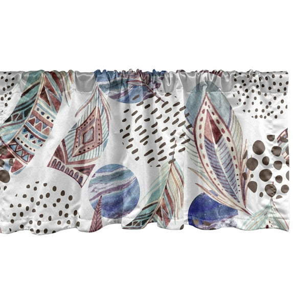 Ethnic Window Valance, Watercolor Feathers Dots and Circles Pattern Ornament on Plain Back, Curtain Valance for Kitchen Bedroom with Rod Pocket, 54" X 18", Dark Lavender Dried Rose, by Ambesonne
