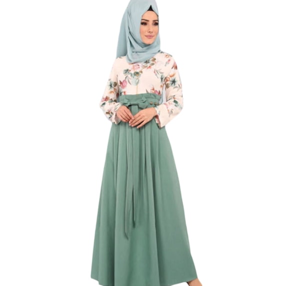 Ethnic Women Ramadan Eid Abaya Long Sleeve Floral Contrast Color Knot Front Maxi Long Dress Muslim Islamic Party Robe