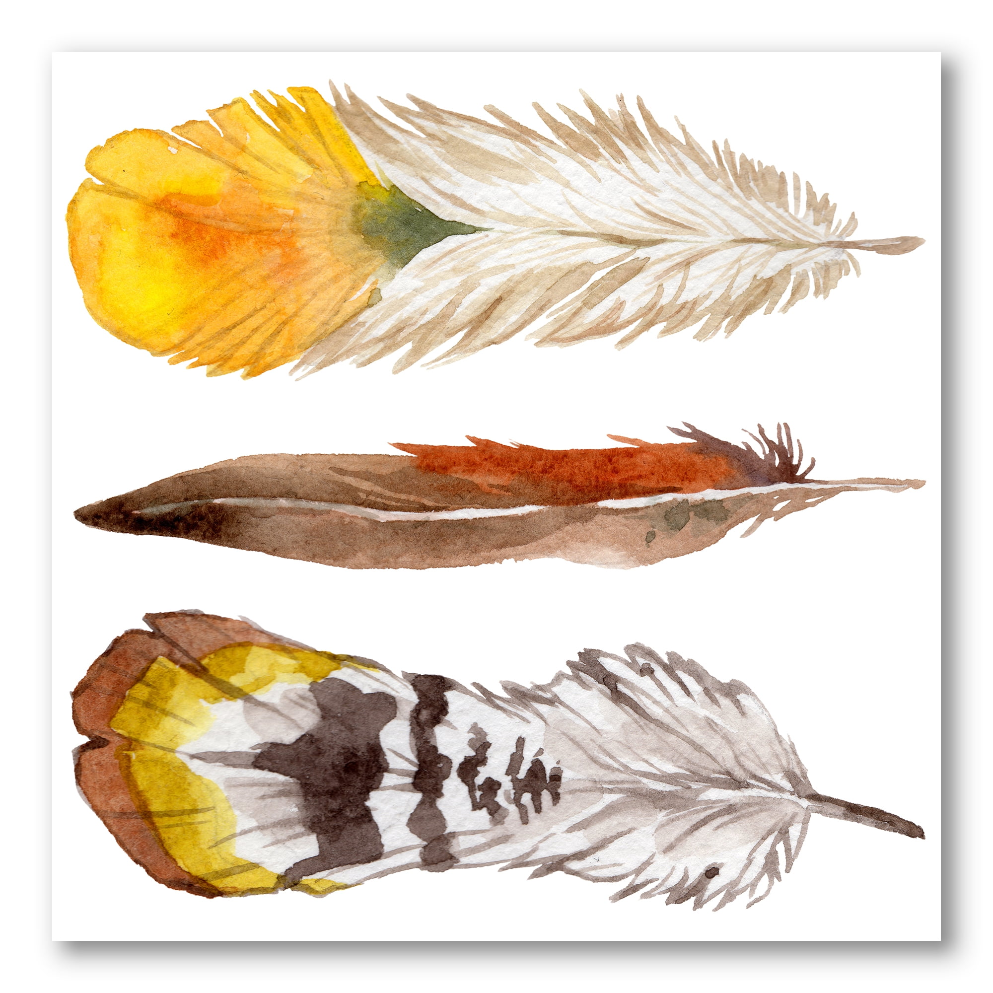 Ethnic Yellow Feather From Wing On White 30 in x 30 in Painting Canvas Art Print, by Designart
