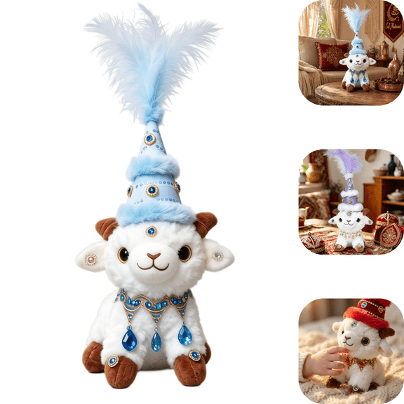 Ethnic sheep stuffed animals toy Fancy jeweled lamb plushie, Ethnic lamb plush Uyghur hat sheep doll, Ornate jeweled feather hat lamb plush gift for girls A
