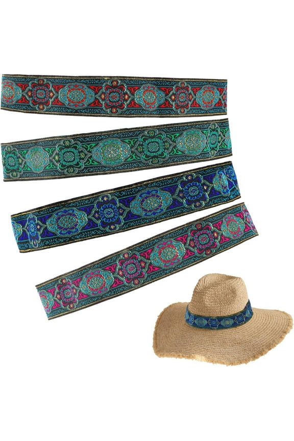 Ethnic style Embroidery Polyester Ultra Wide Thick Flat Adjustable Hat Band with Elastic Nylon Cord for Cowboy Hat Bend Brim Fedora Hat Straw Hat Decoration