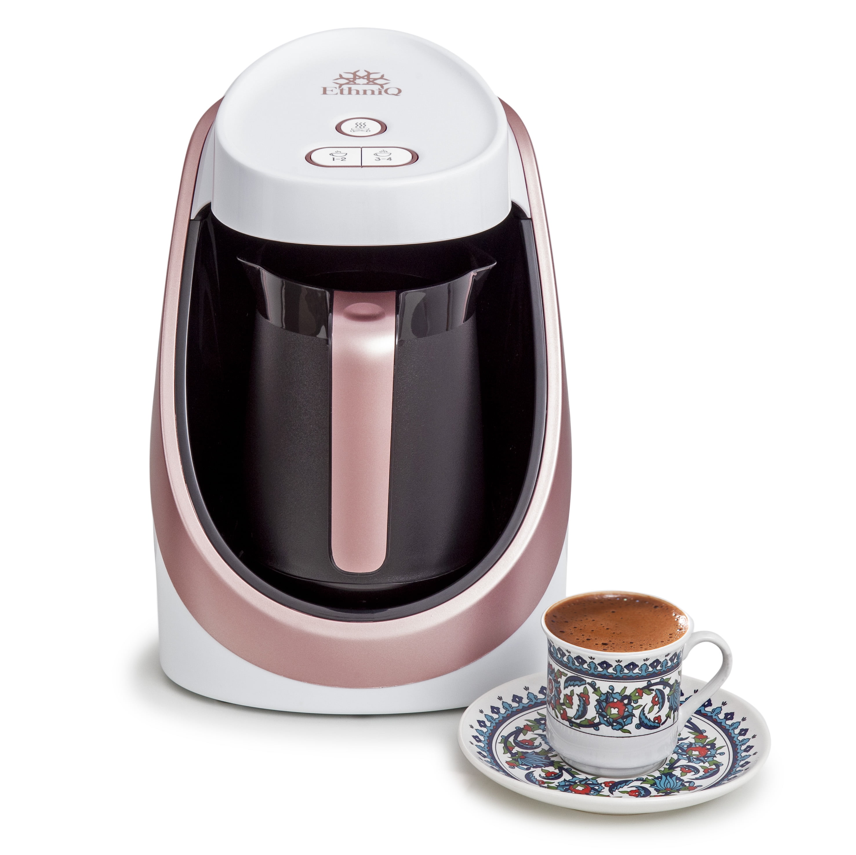 Ethniq Turkish Coffee Maker - 100% BPA Free, 120V, 1 to 4 Cup Brewing Capacity with Cook Sense Technology for Delicious Cup of Turkish & Greek Coffee, Turkish Coffee Pot - White/Rose