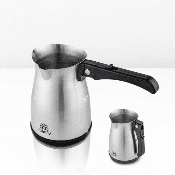 Ethniq Turkish Coffee Pot - Stainless Steel, 120V, 1 to 4 Cup Capacity, Fast Brewing, Delicious Cup of Turkish, Arabic & Greek Coffee Maker with Foldable Handle for Home & Travel - Slow Brew