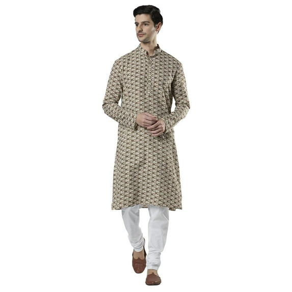 Ethnix Men's Banded Collar All-Over Diamond Print Indian Kurta Tunic Pajama Set; Beige; LG