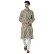 Ethnix Mens Banded Collar All-Over Diamond Print Indian Kurta Tunic Pajama Set; Beige; SM
