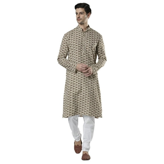 Ethnix Men's Banded Collar All-Over Diamond Print Indian Kurta Tunic Pajama Set; Beige; SM