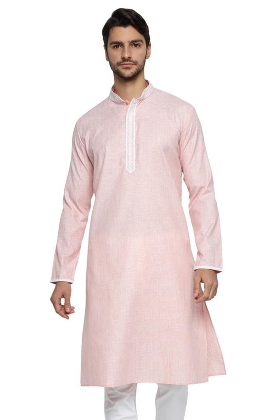 Men's Banded Collar Solid Peach Textured with Embroidered Placket Long Kurta Tunic; Peach; XL