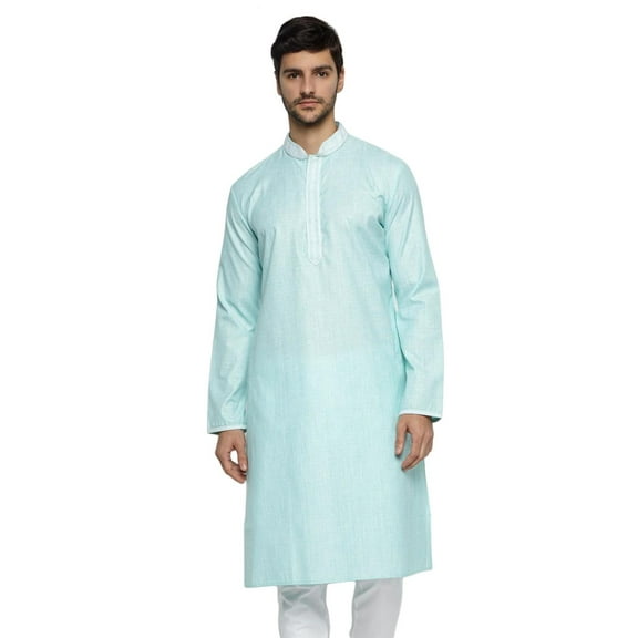 Ethnix Men's Banded Collar Solid Teal Green Textured with Embroidered Placket Long Kurta Tunic; Teal Green; M