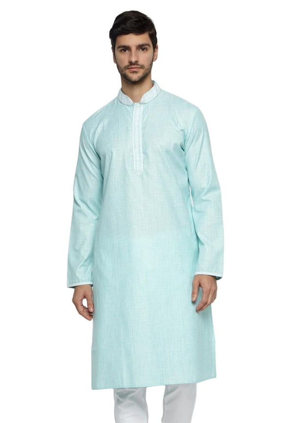 Men's Banded Collar Solid Teal Green Textured with Embroidered Placket Long Kurta Tunic; Teal Green; M