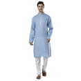 thumbnail image 1 of Ethnix Men's Embroidered Banded Collar Pure Linen Indian Kurta Tunic Pajama Set; Sky Blue; MD, 1 of 6