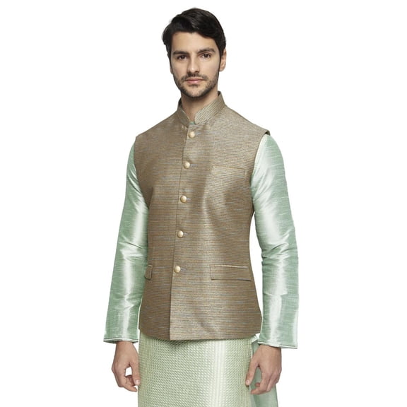 Ethnix Men's Handmade Banded Collar Fine Horizontal Stripe Nehru Jacket Vest; XS