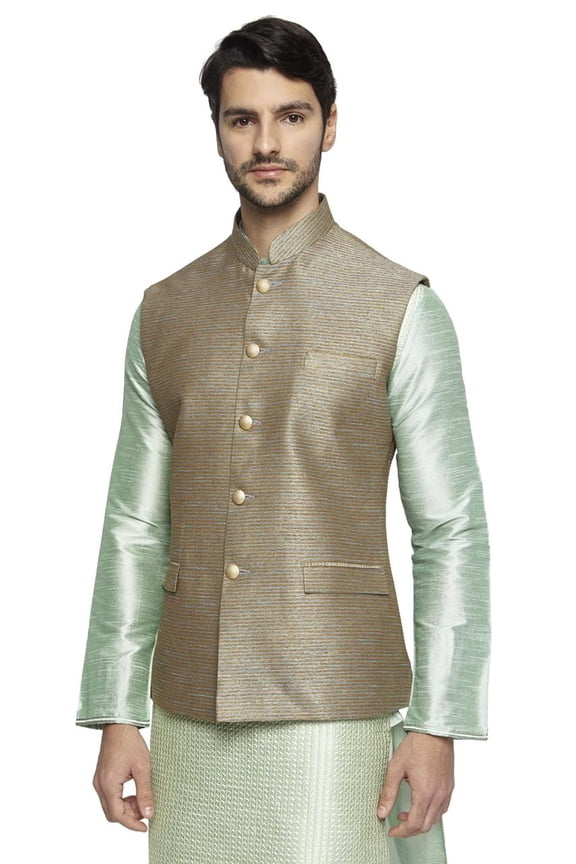 Men's Handmade Banded Collar Fine Horizontal Stripe Nehru Jacket Vest; XS