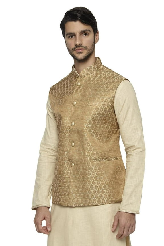 Men's Handmade Banded Collar Motif Print Nehru Jacket Vest; XS