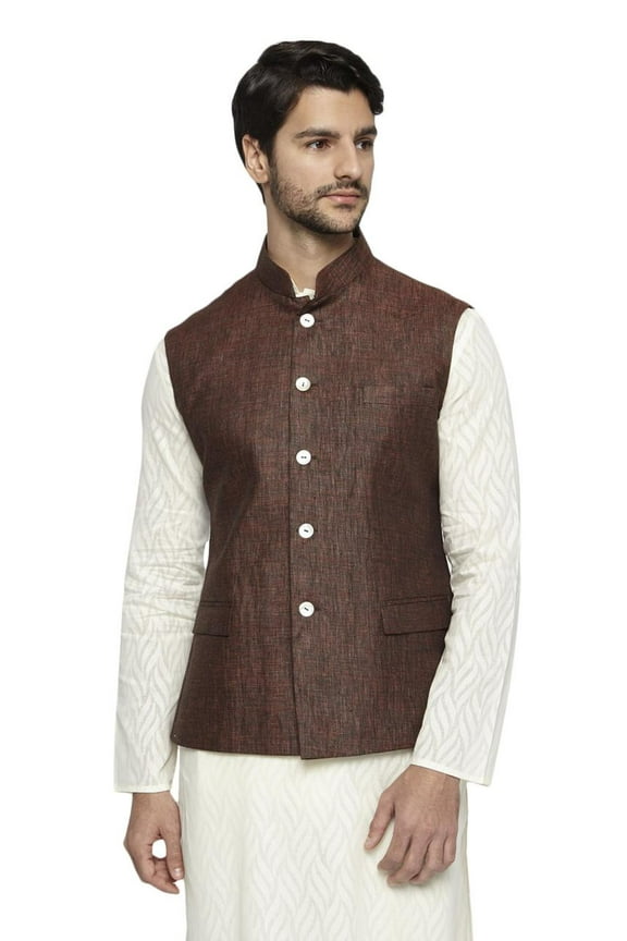 Men's Handmade Banded Collar Pure Cotton Linen Nehru Jacket Vest; Earth Brown; S