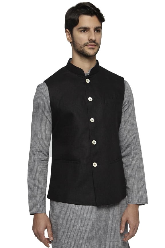 Men's Handmade Banded CollarPure Cotton Linen Nehru Jacket Vest; Black; M