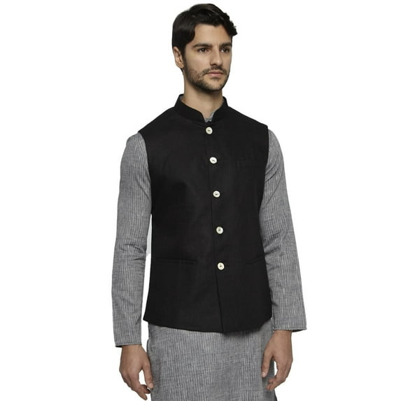 Ethnix Men's Handmade Banded CollarPure Cotton Linen Nehru Jacket Vest; Black; XS